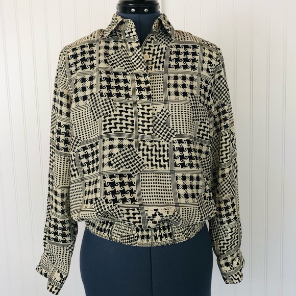 Vintage 70s 80s Black and White Pullover Blouse Pattern Abstract Houndstooth Med - Picture 1 of 14